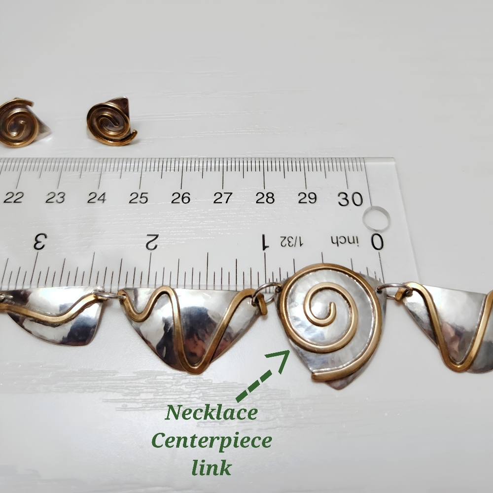 Vintage Sterling Silver Bronze Swirl Hand wrought Modernist Necklace Earring Set - Picture 12 of 15